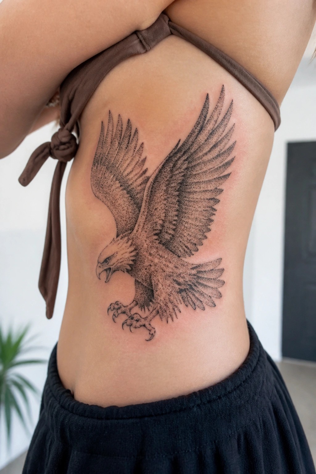 Detailed eagle tattoo with spread wings on side torso under brown halter top.