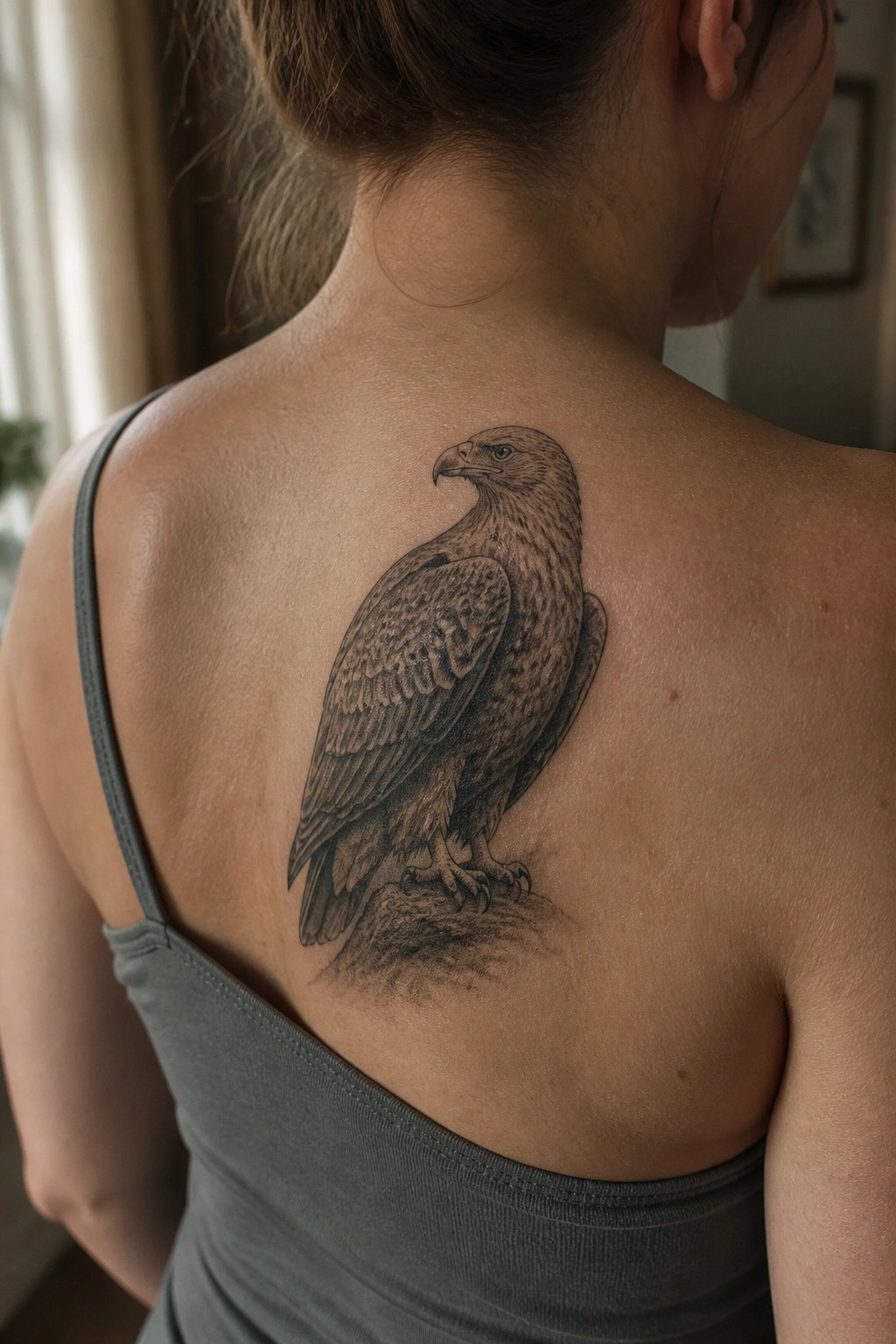 Woman's back with large realistic eagle tattoo over gray tank top