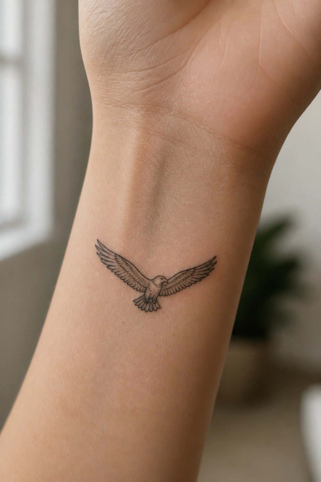 Black ink tattoo of a flying bird on light-skinned wrist.