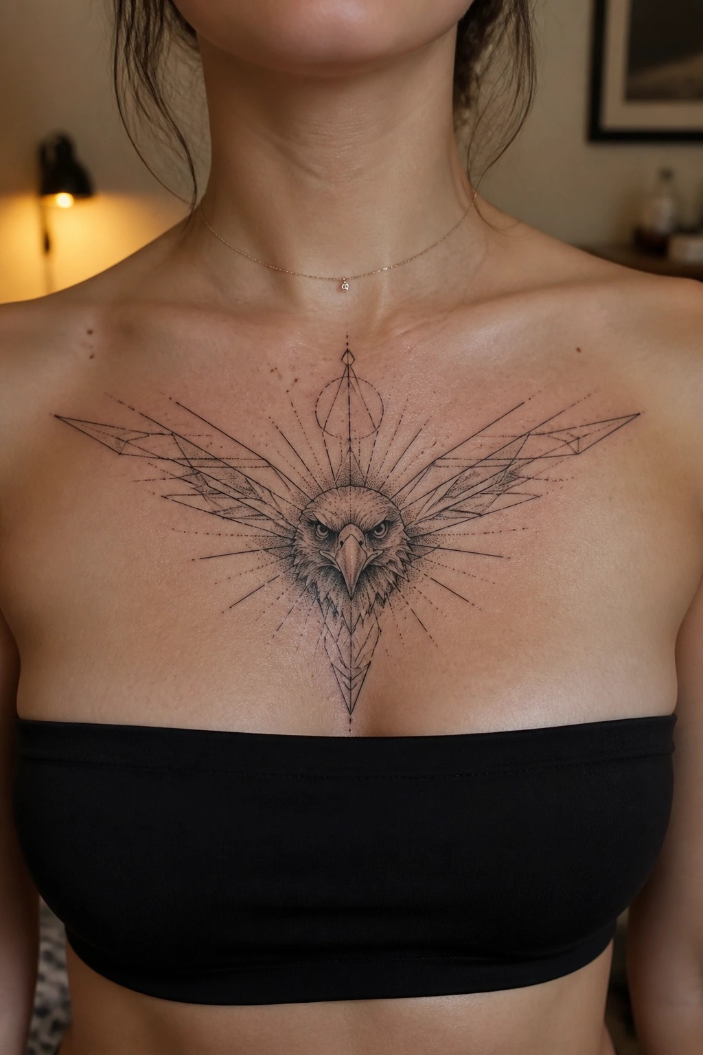 Geometric eagle tattoo on woman's chest above black bandeau and gold necklace
