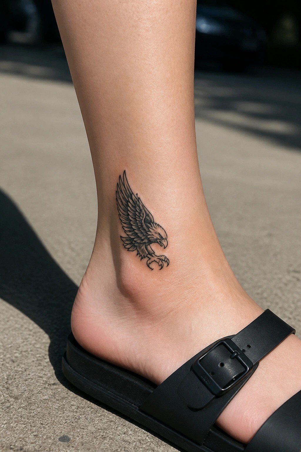 Small black and grey eagle tattoo on the outer ankle above a black sandal.