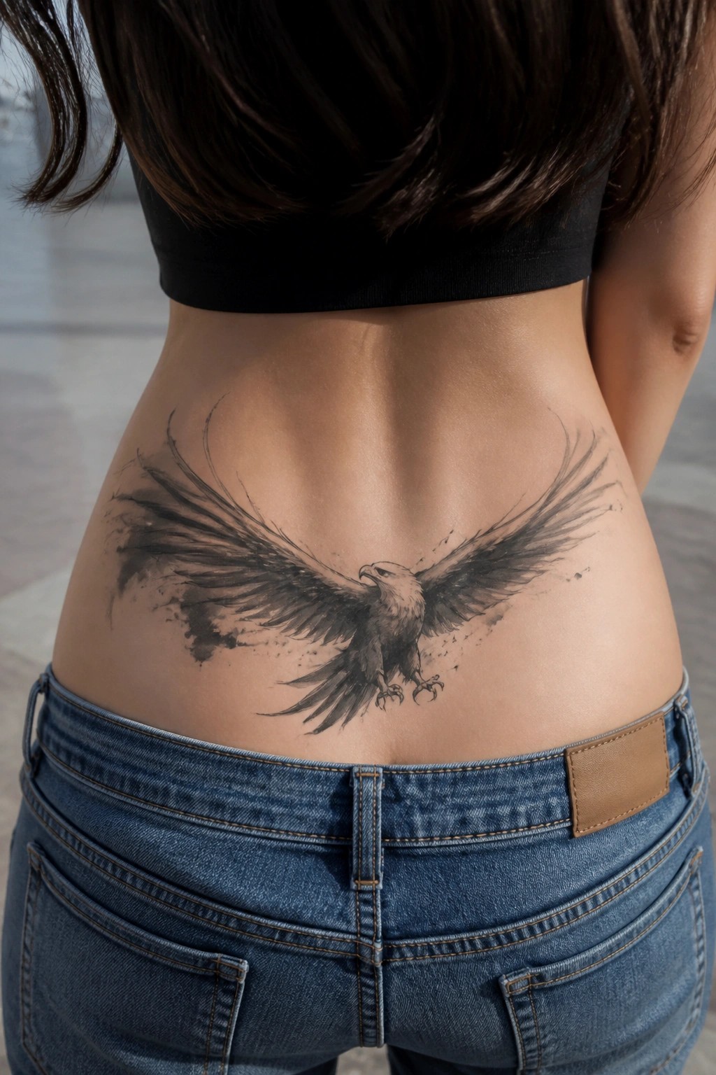 Black and grey eagle tattoo with spread wings on a woman's lower back above the jeans waistband