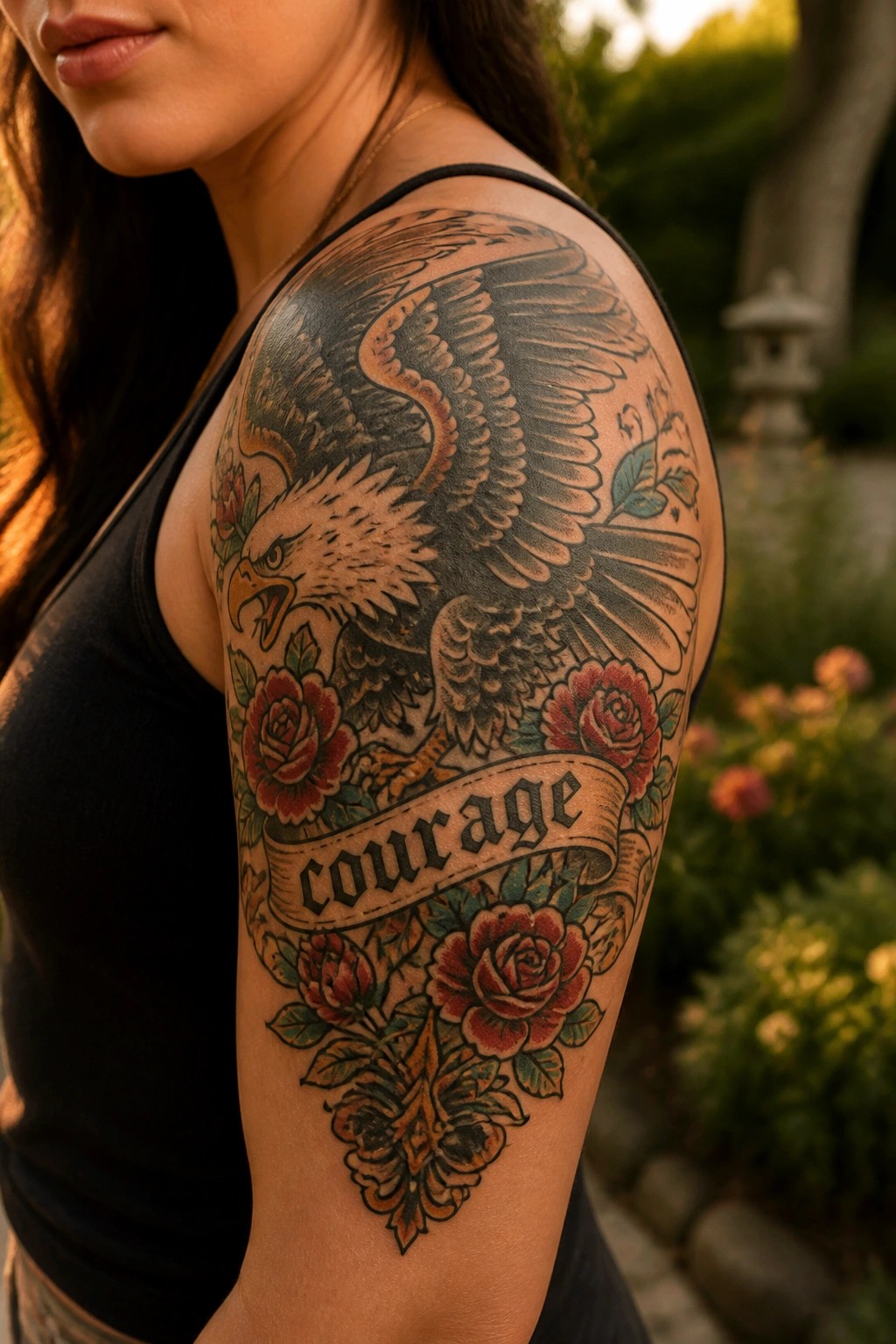 Woman's shoulder with eagle rose tattoo and courage banner on black tank top