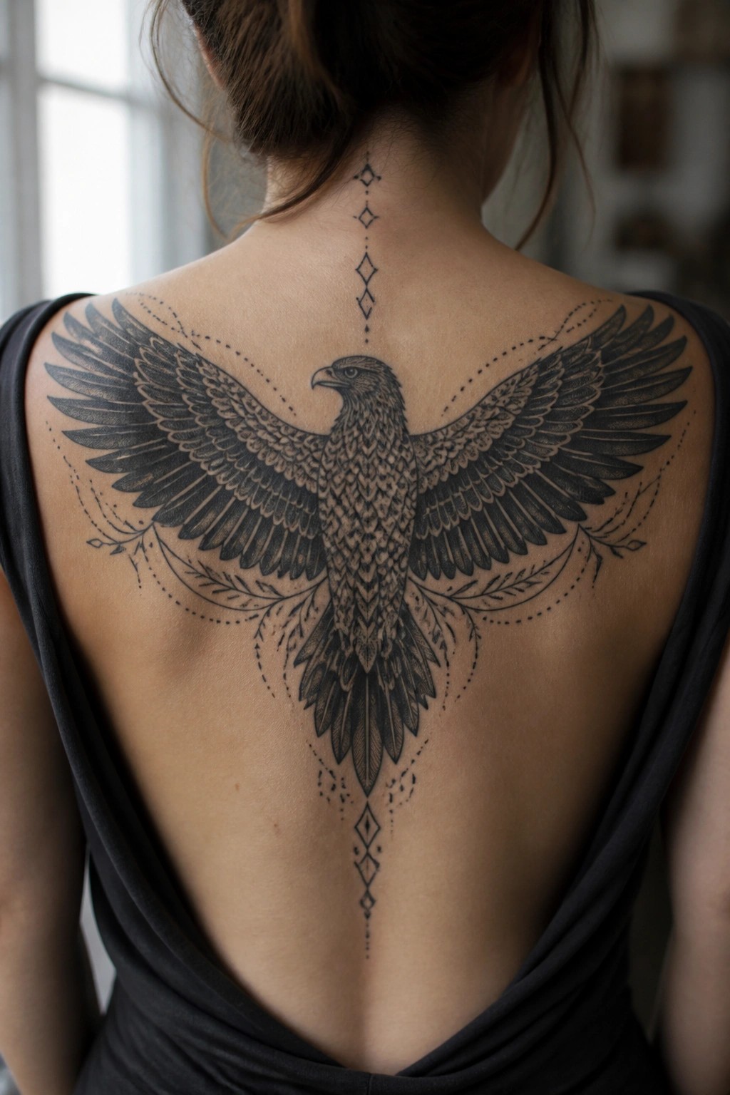 woman viewed from behind showing a large black and grey eagle tattoo with spread wings on the upper back and geometric diamond patterns running down the spine