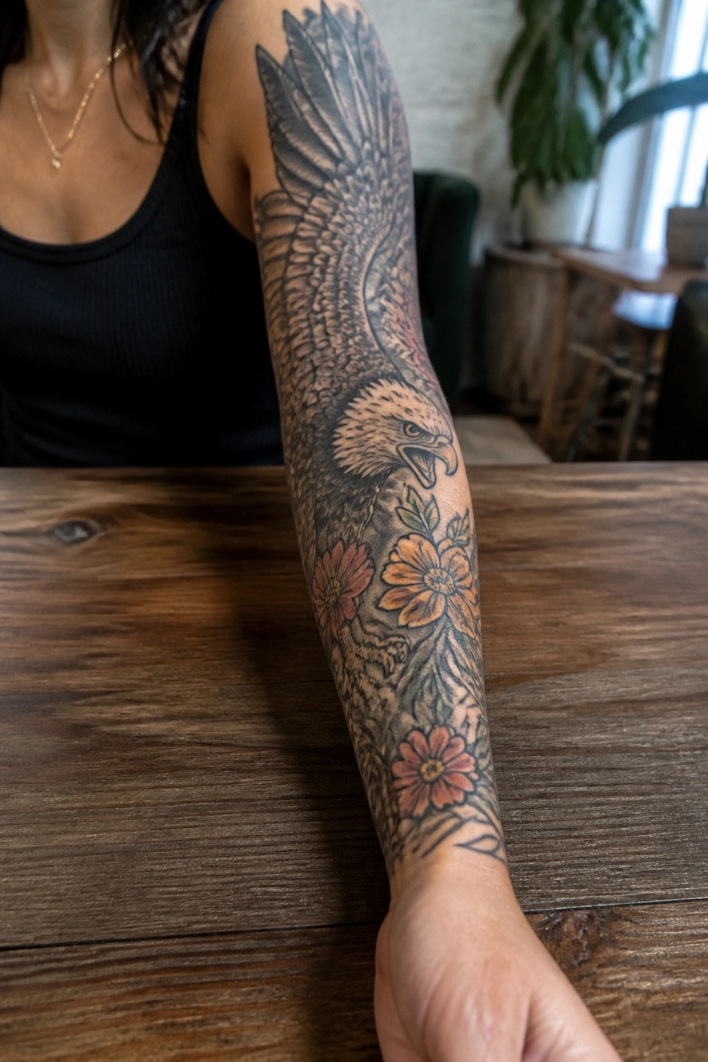 realistic eagle tattoo covering a woman's forearm and upper arm with flowers near the wrist