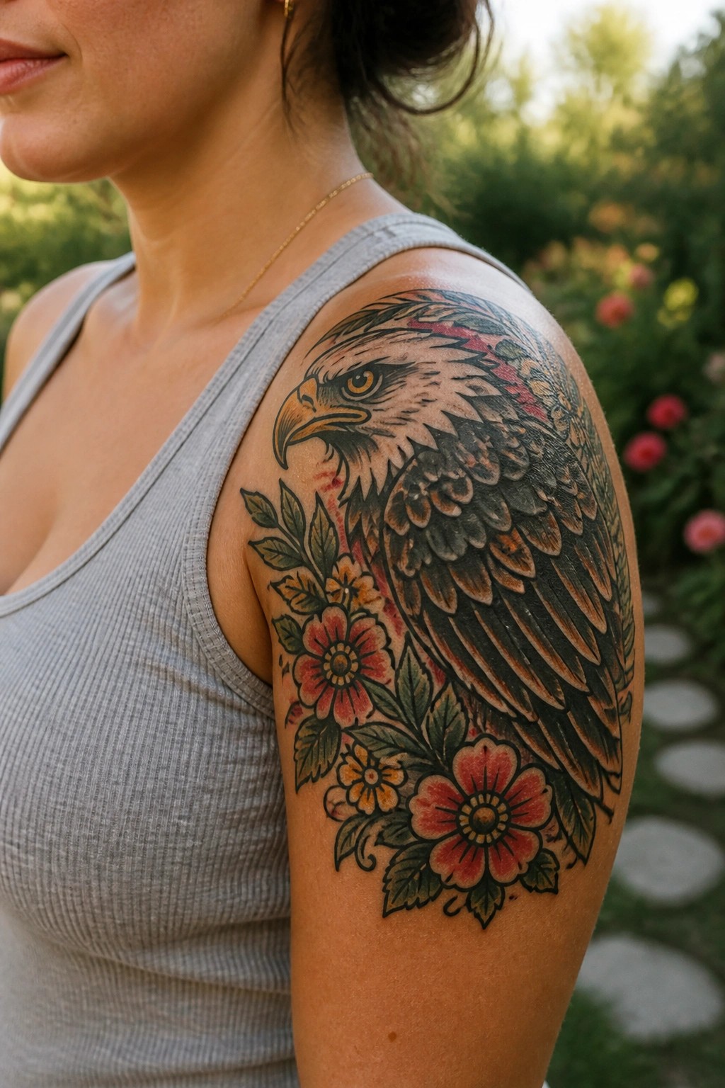 Large eagle and floral tattoo on shoulder above gray tank top in garden