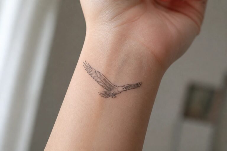 Black ink tattoo of a flying bird on light-skinned wrist.