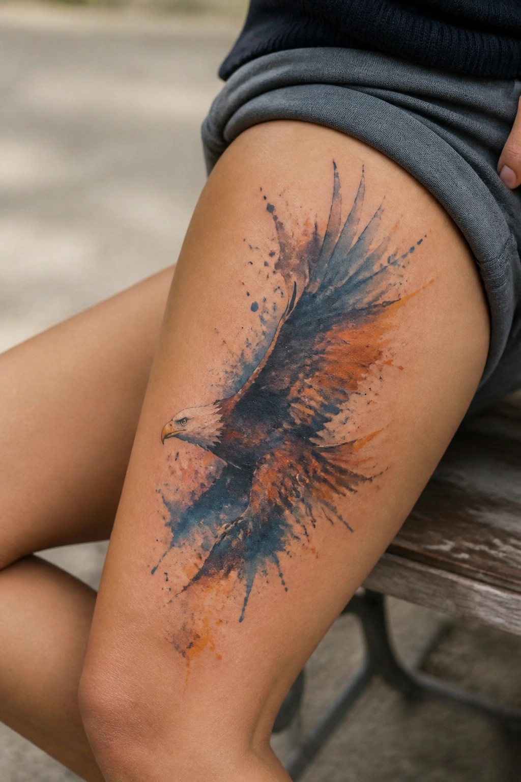 Watercolor eagle tattoo with blue and orange splashes on a person's thigh