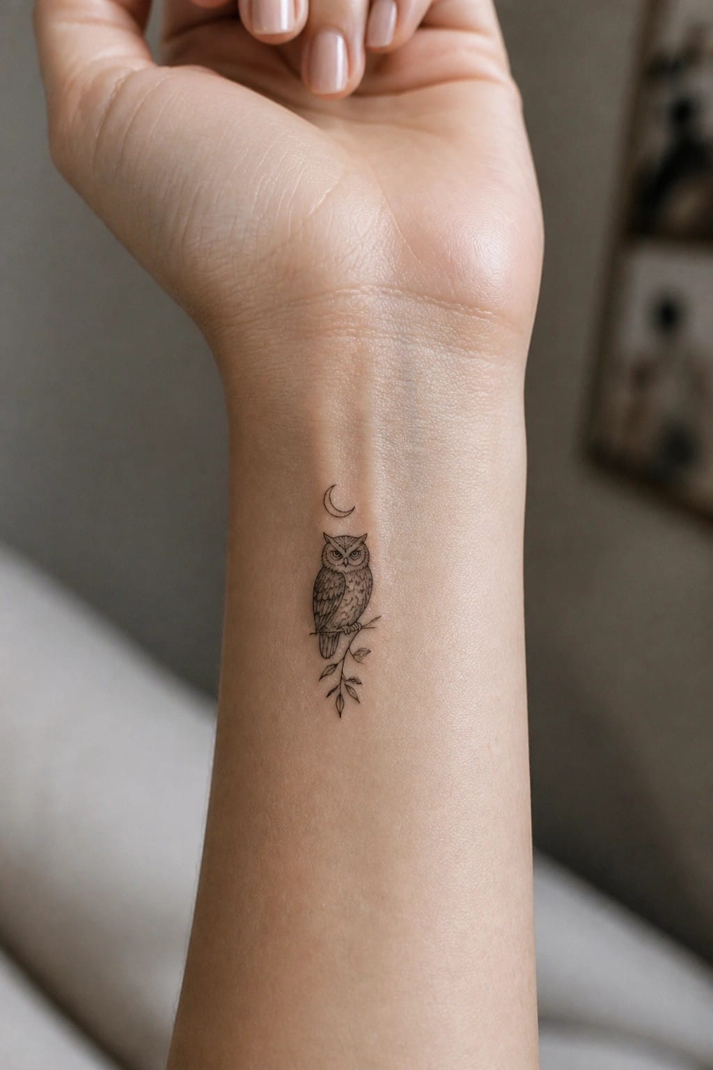 Owl on branch tattoo with crescent moon on inner wrist