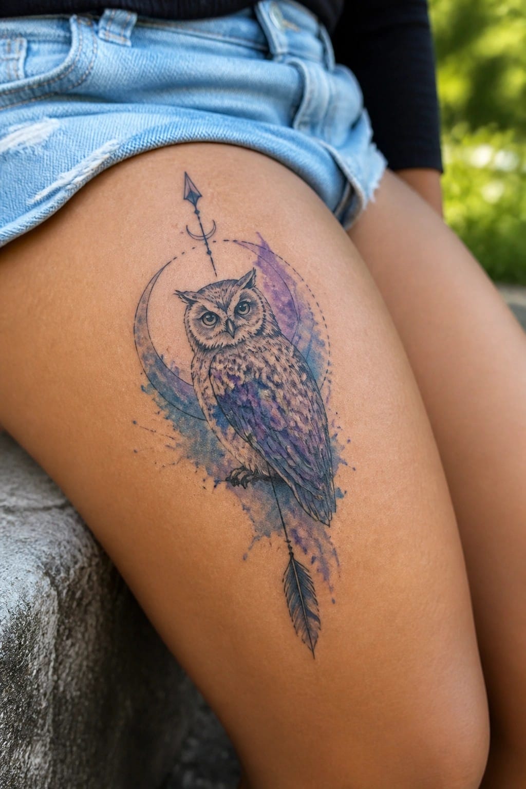 Watercolor owl tattoo with crescent moon, arrow, and feather on thigh.