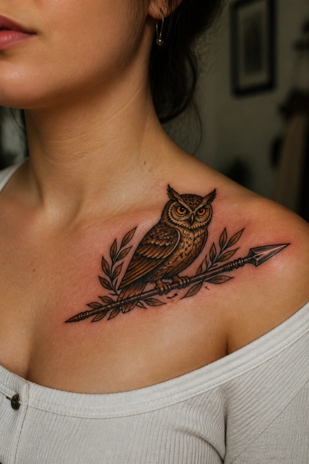 Brown owl with orange eyes perched on spear tattoo on shoulder