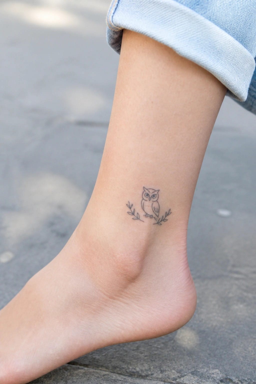 Small minimalist line art owl tattoo on the ankle with two leaf branches on either side