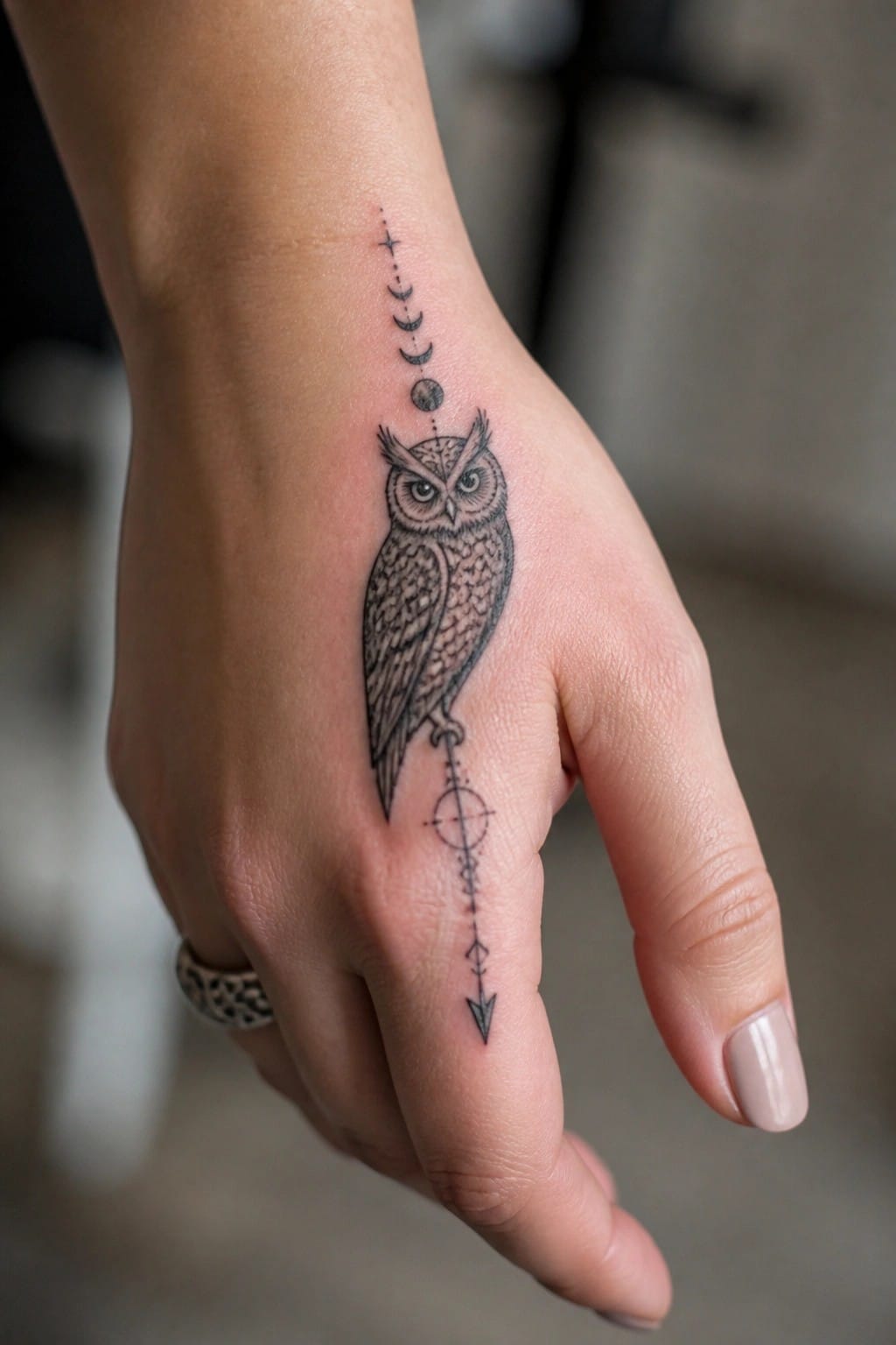 Owl tattoo with moon phases and arrow on hand wearing ring