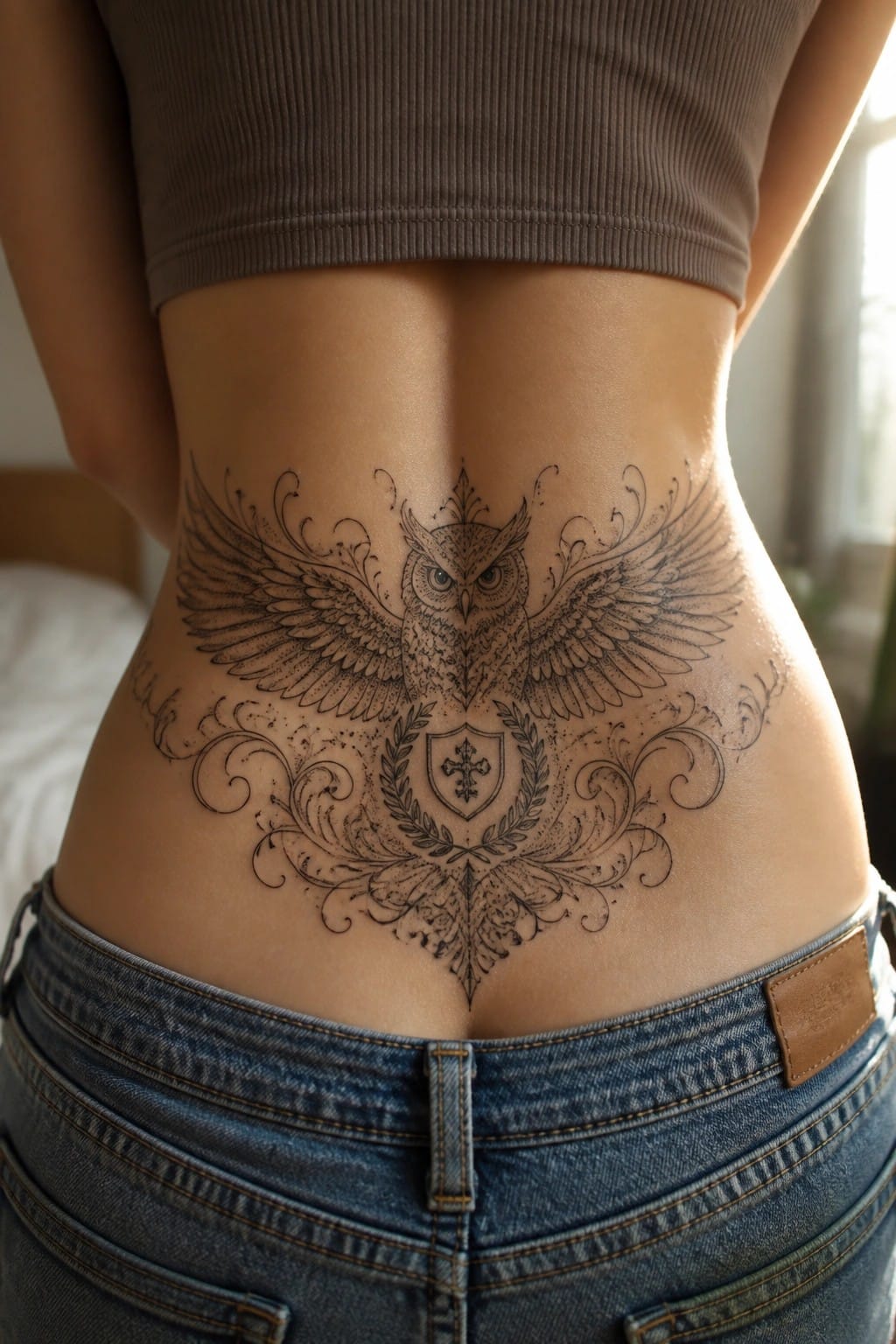 Ornate winged owl tattoo on lower back above blue jeans and brown top