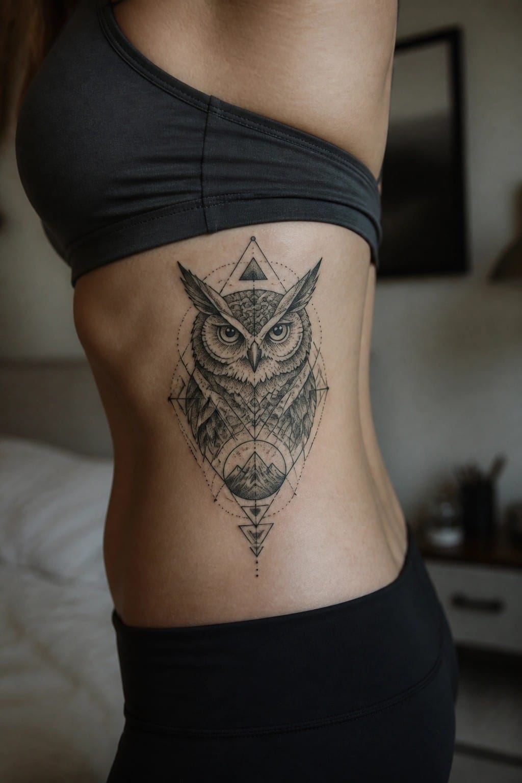 Woman's torso with detailed geometric owl tattoo on ribcage in black activewear.