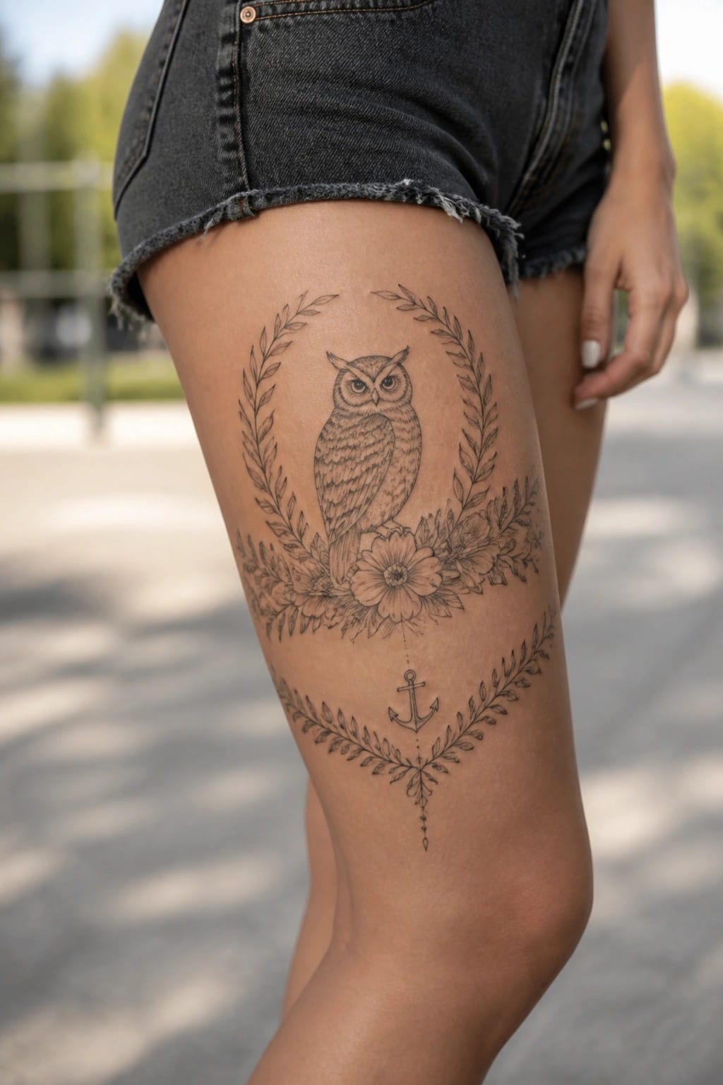 Frayed denim shorts with owl, floral wreath, and anchor tattoo on thigh.