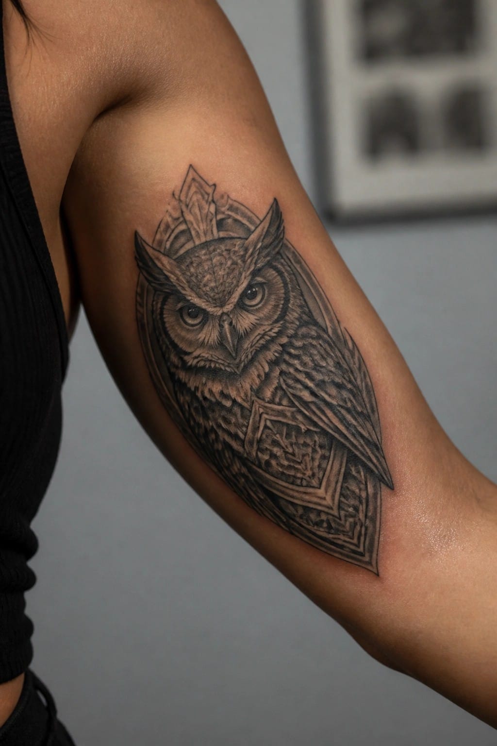Black and gray owl tattoo with geometric patterns on a woman's upper arm