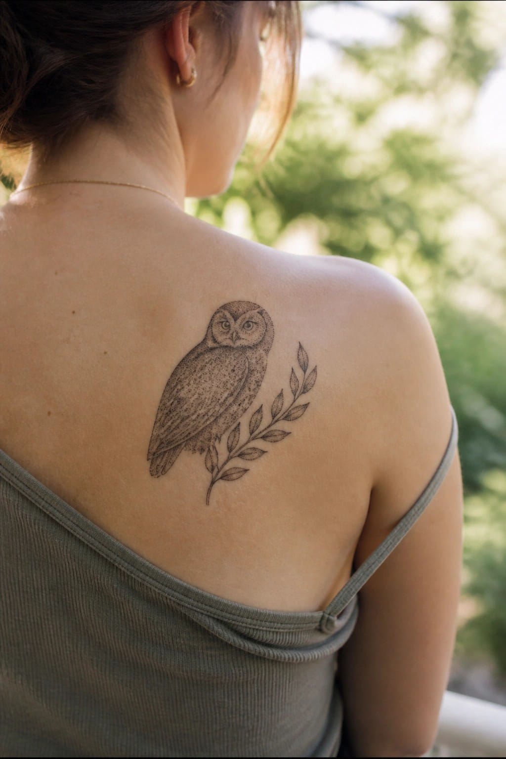 Owl tattoo with leafy branch on shoulder of woman in olive tank top.