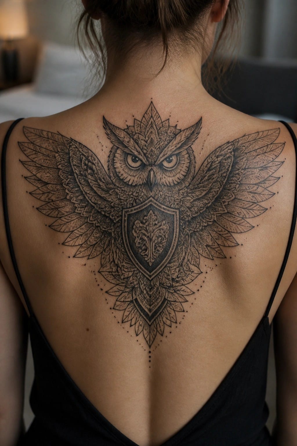 Large ornate owl tattoo with shield across woman's upper back in black top