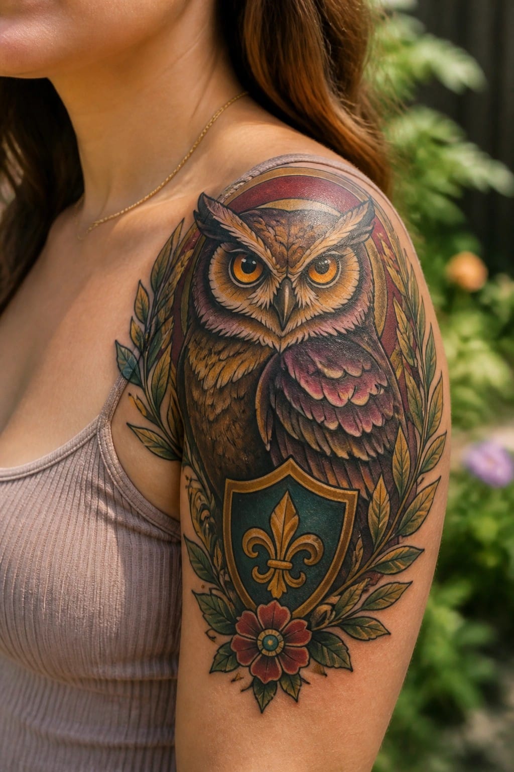 Large colorful owl tattoo with shield and flower on woman's shoulder in pink top