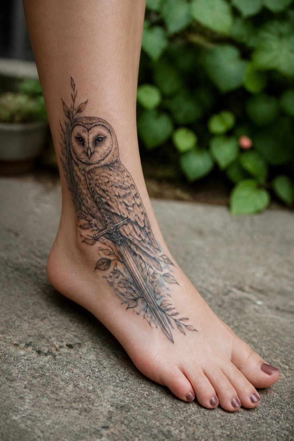 Realistic black and grey tattoo of an owl holding a sword on a woman's ankle with leaf details around it.