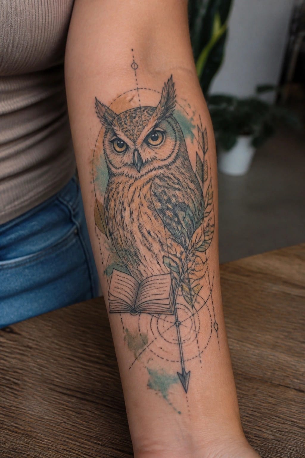 Inner forearm tattoo of an owl above an open book, with leaves, arrows, and geometric lines in black ink and soft watercolor accents.