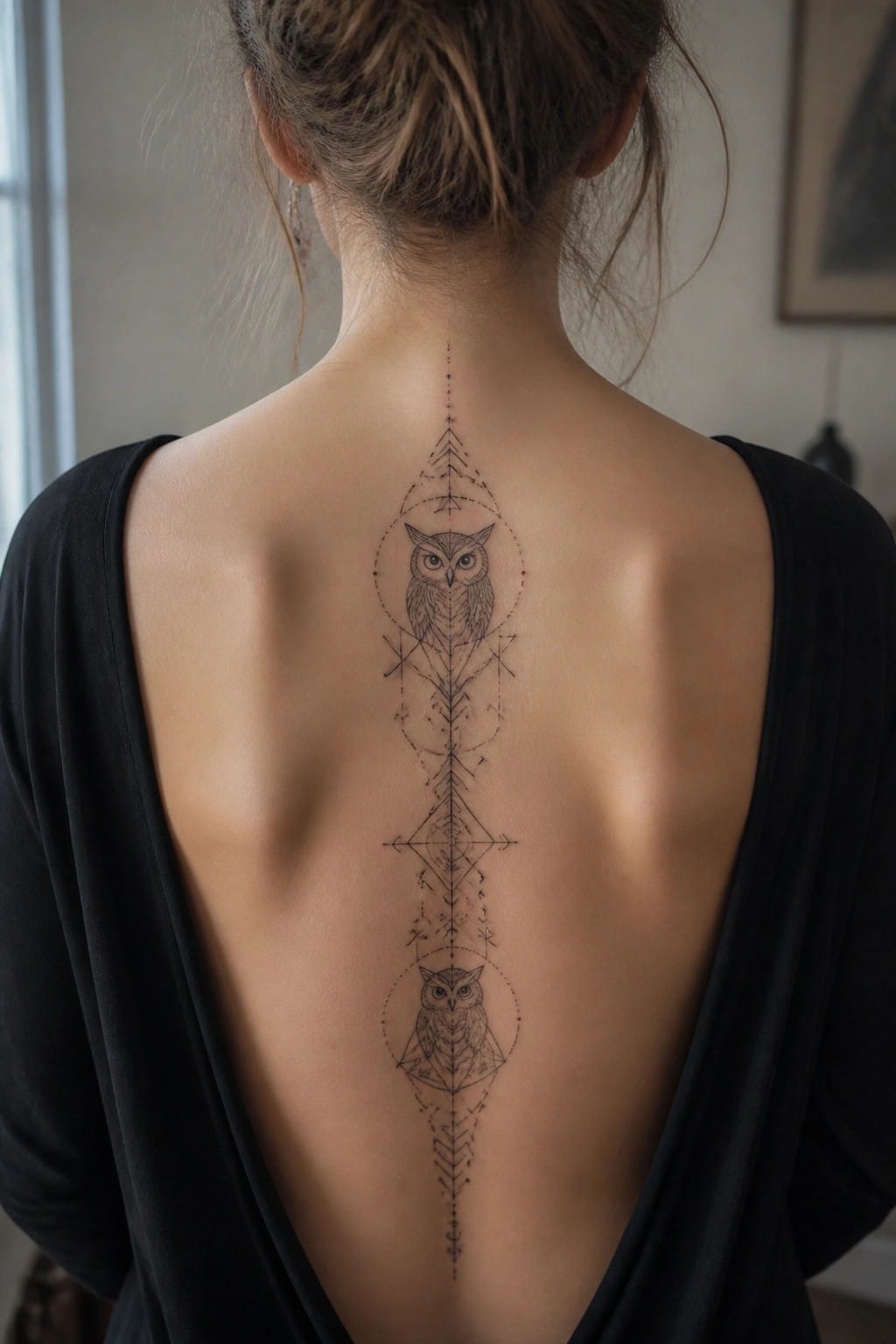 Woman's back with large symmetrical geometric owl tattoo in black ink.