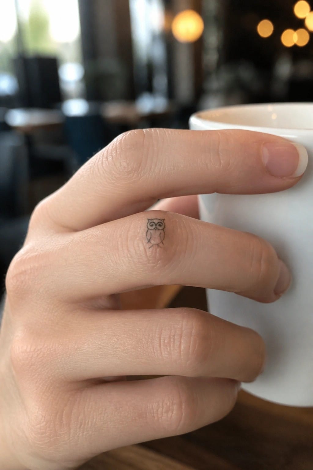 Light-skinned hand with tiny owl tattoo gripping white coffee cup in cafe