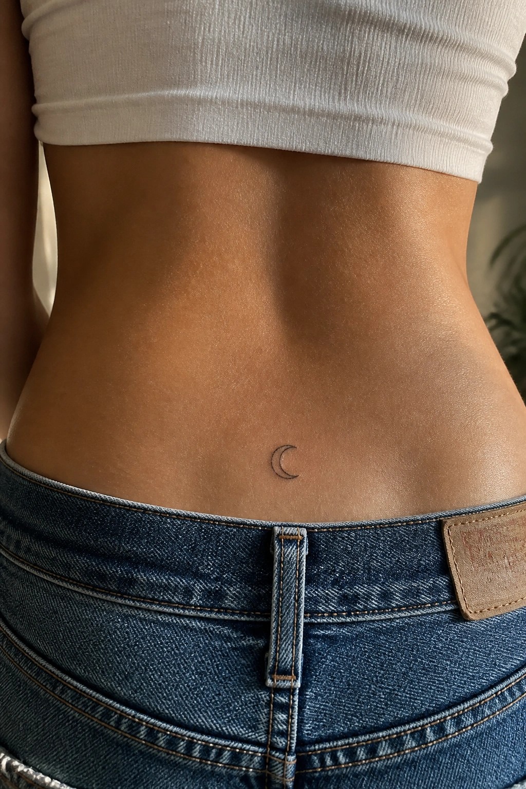 Small crescent moon tattoo in thin lines placed low on the abdomen above blue jeans waistband