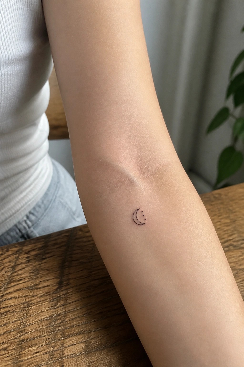 Small crescent moon tattoo with three dots on a person's forearm.
