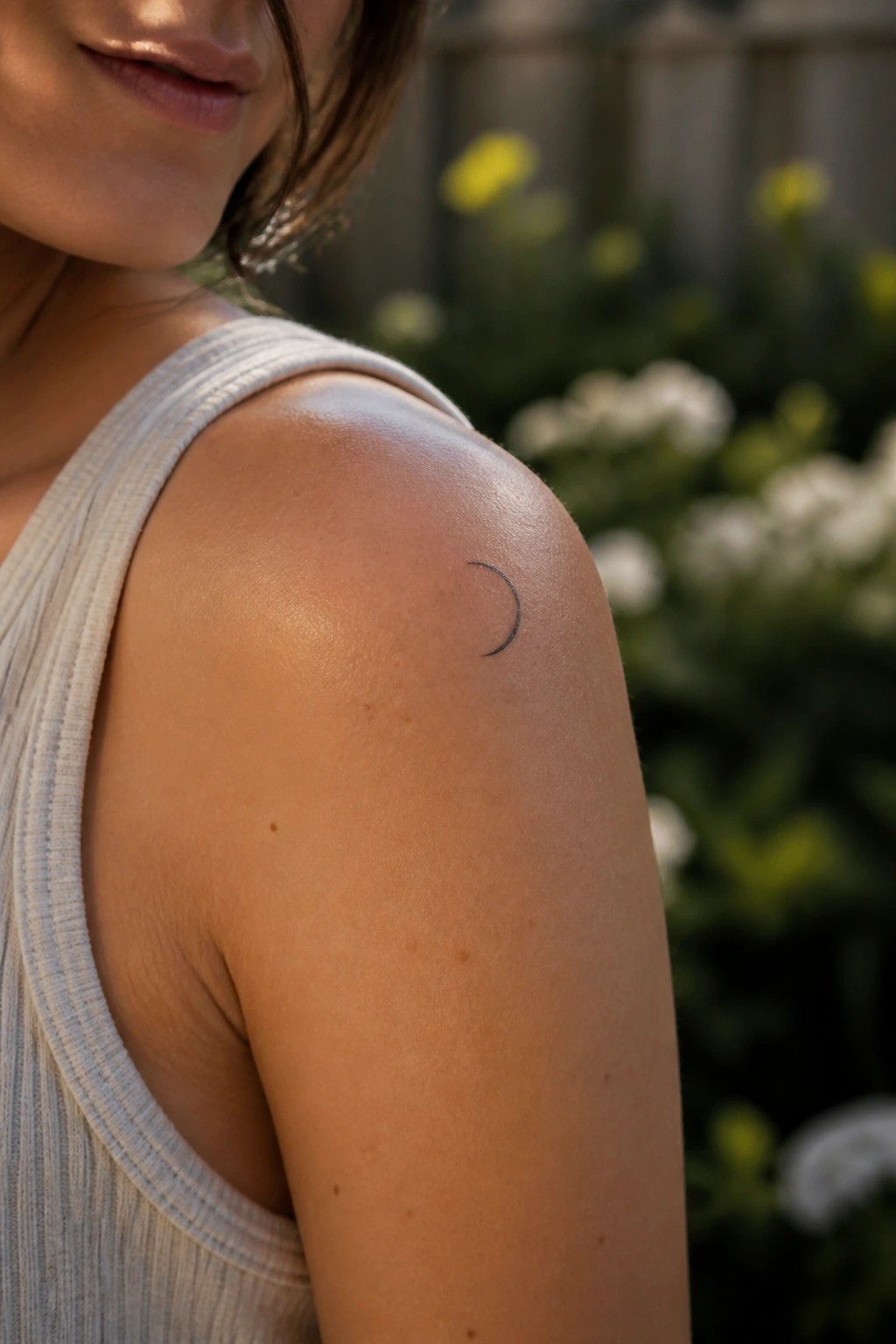 Small crescent moon tattoo in thin black linework on a woman's upper arm near the shoulder.