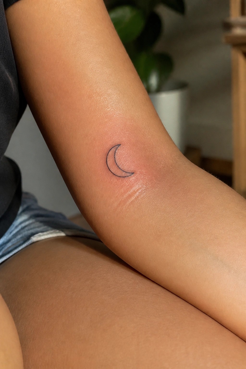 Small black line crescent moon tattoo on the inner forearm of a person with medium skin tone