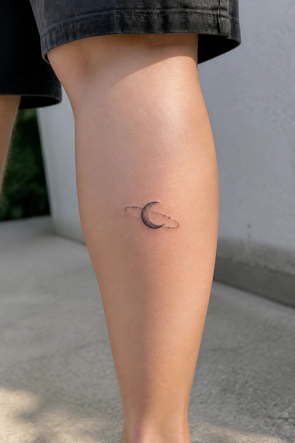 Small minimalist crescent moon tattoo with thin orbiting rings and dots on the side of the calf