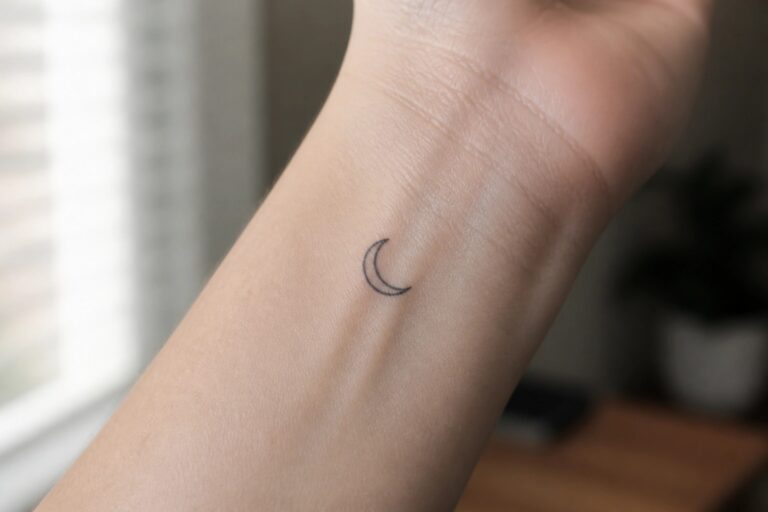 19 Minimalist Moon Tattoo Ideas for Women Who Love Simple Linework Small fine line crescent moon tattoo on the inner wrist.