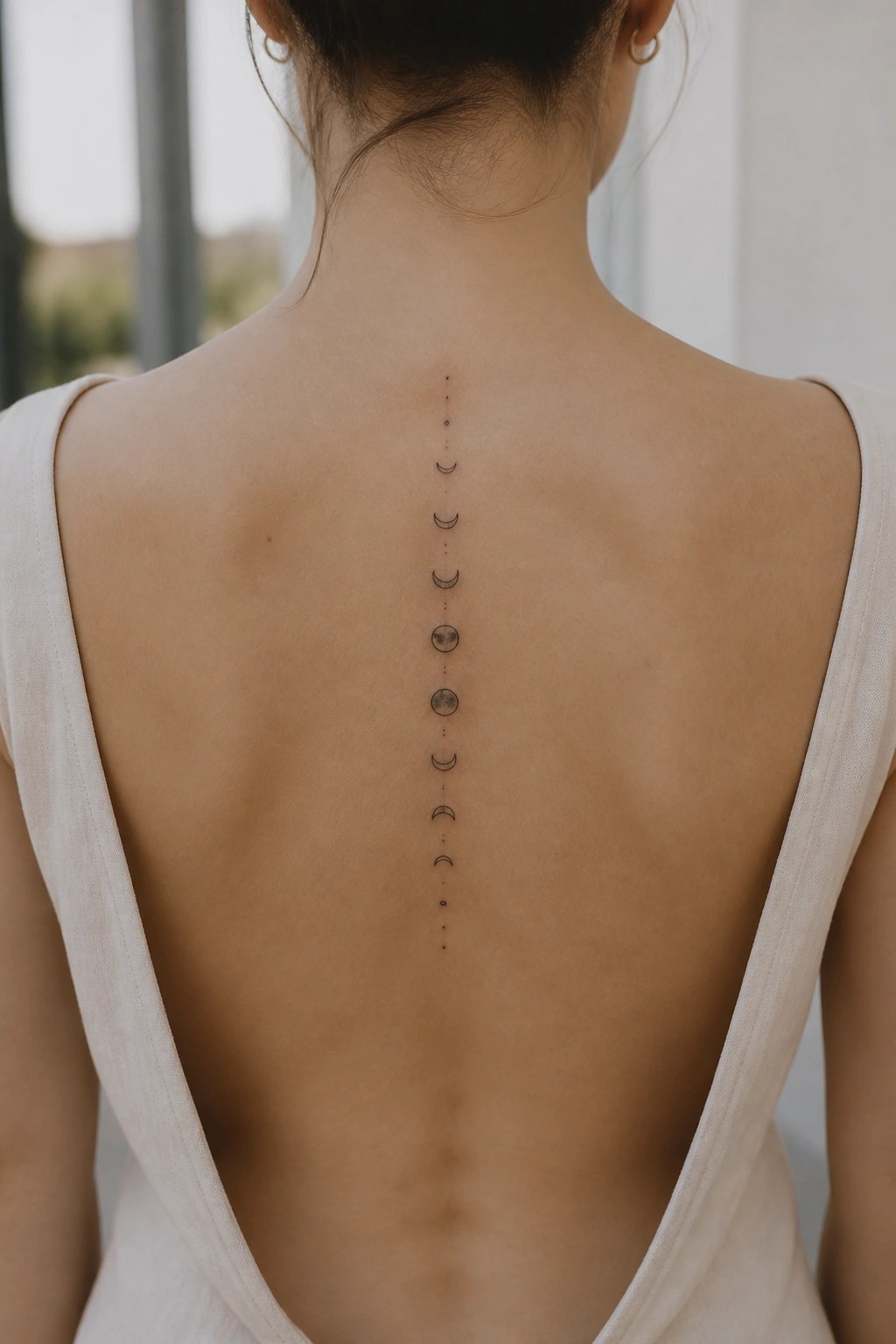 Woman's back with moon phase tattoo along spine in white low-back top.