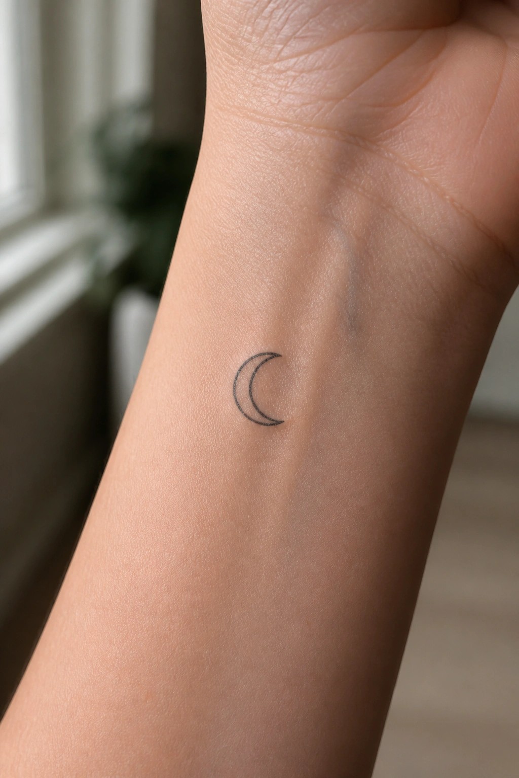 Small fine line crescent moon tattoo on the inner wrist.