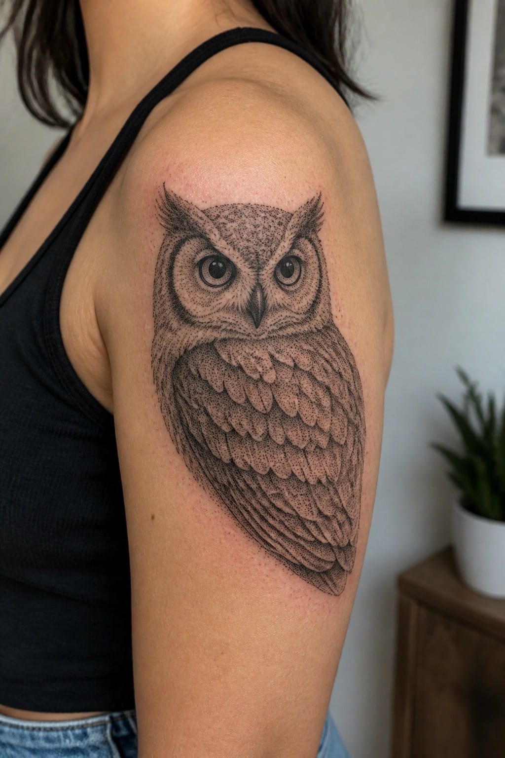 A front facing black and grey owl tattoo on a woman's shoulder with detailed dotwork feathers and large eyes.