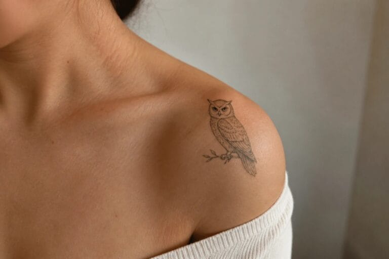 Fine line black and grey tattoo of an owl perched on a branch on a woman's shoulder