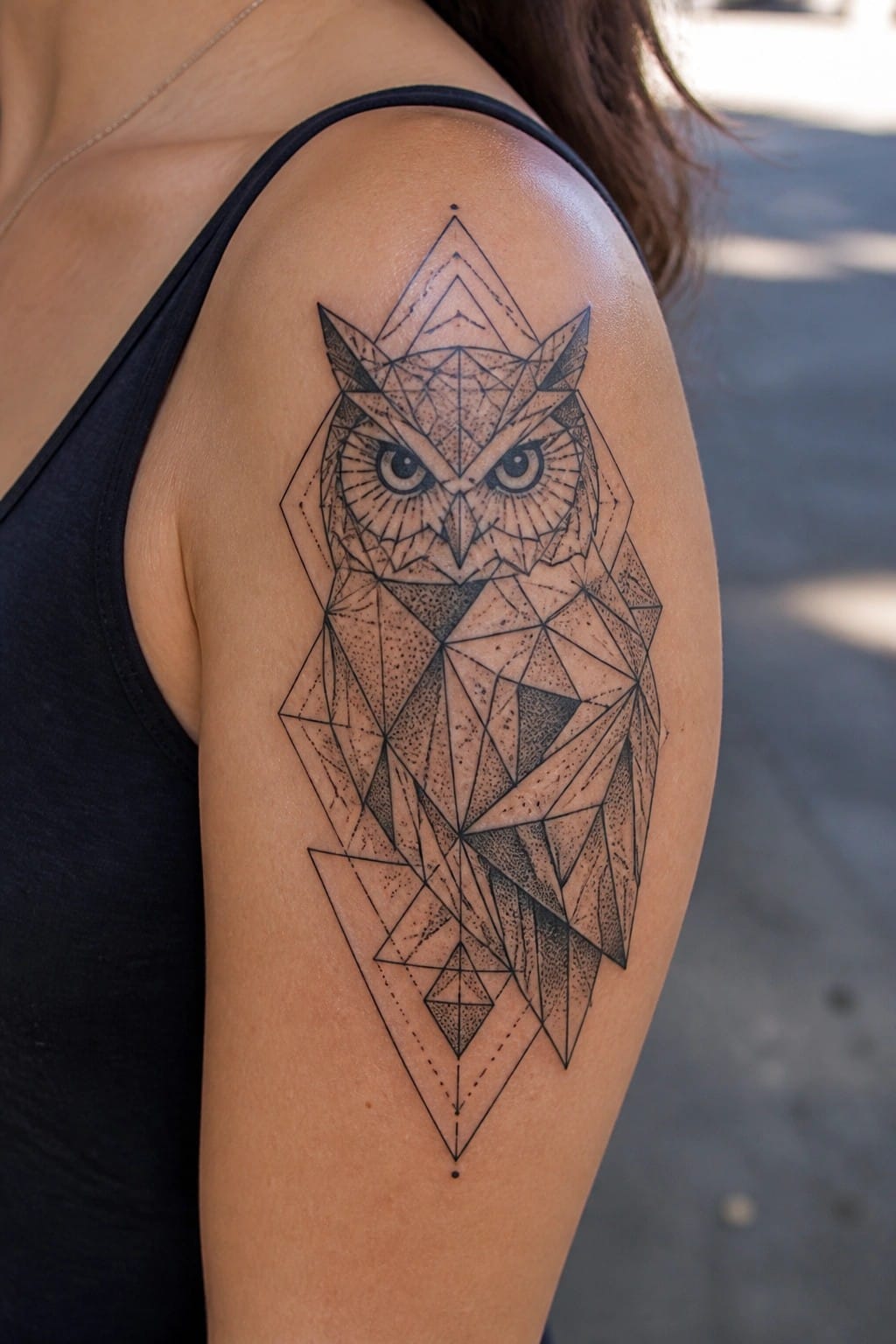 Geometric owl tattoo in black ink on shoulder above black tank top