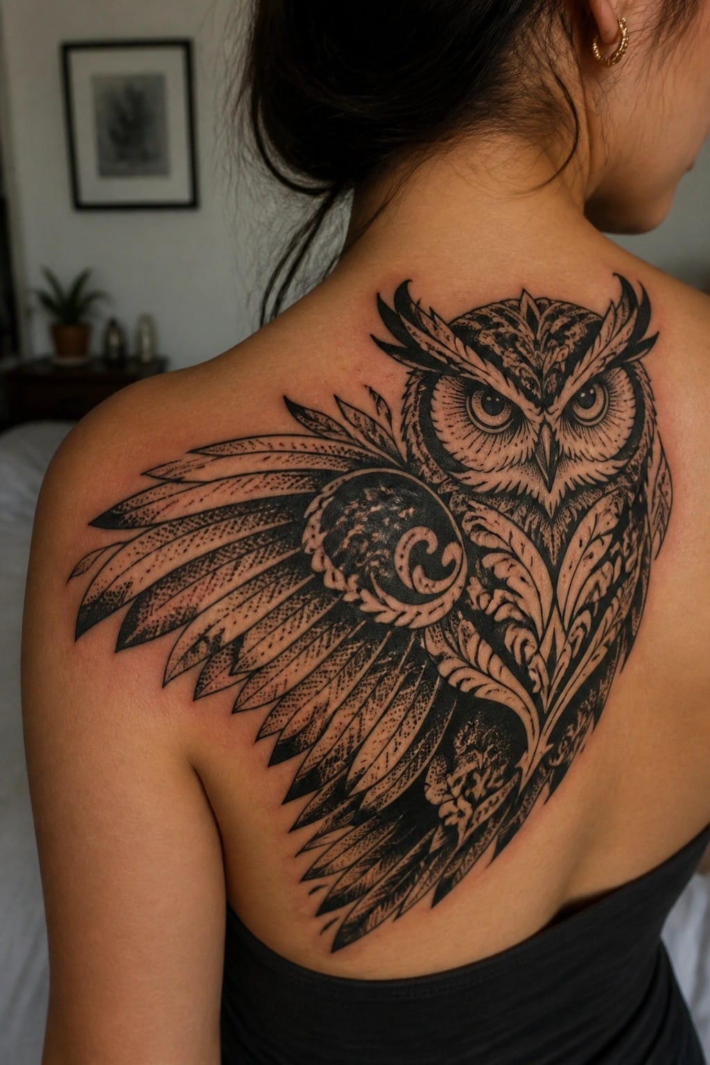 Woman's upper back with large black owl tattoo and spread wings