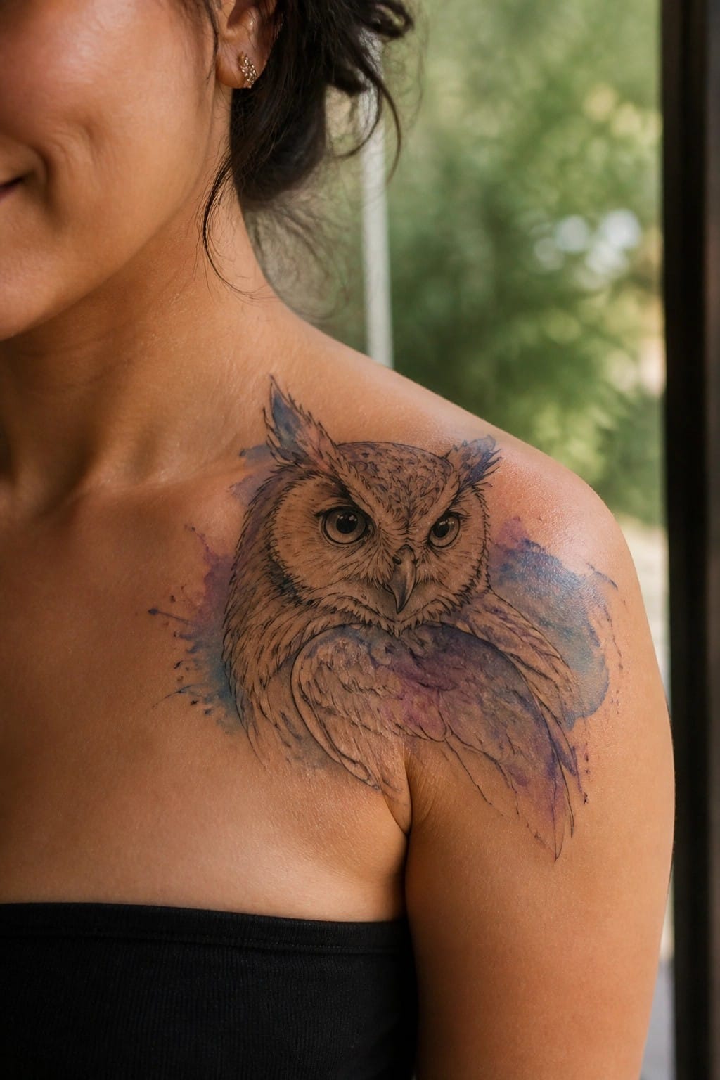 Detailed owl tattoo with purple-blue watercolor accents on woman's shoulder in black top.