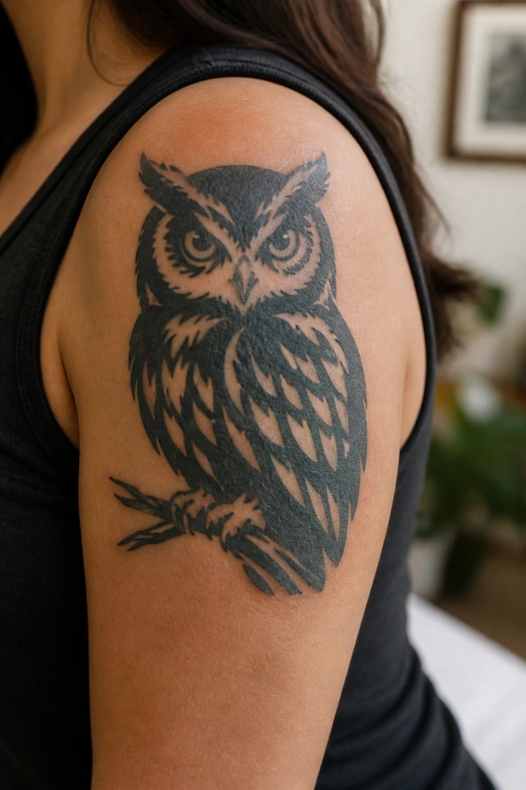 Black owl tattoo on shoulder of person in black tank top