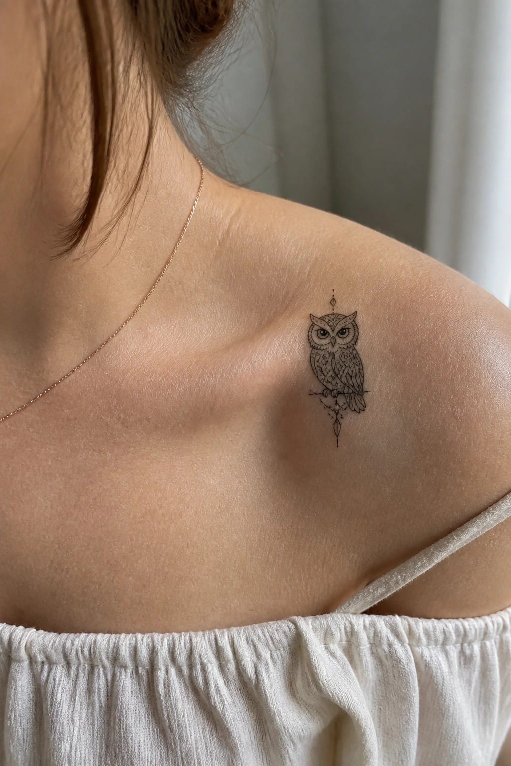 Shoulder with small black owl tattoo, gold necklace, and white off-shoulder top.