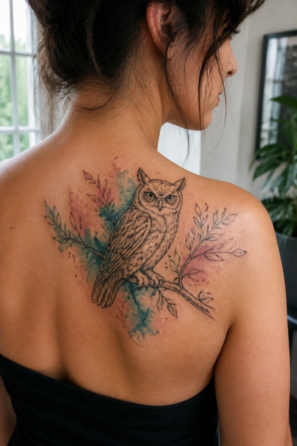 Woman's back with owl tattoo on branch amid colorful watercolor splashes, black strapless top.