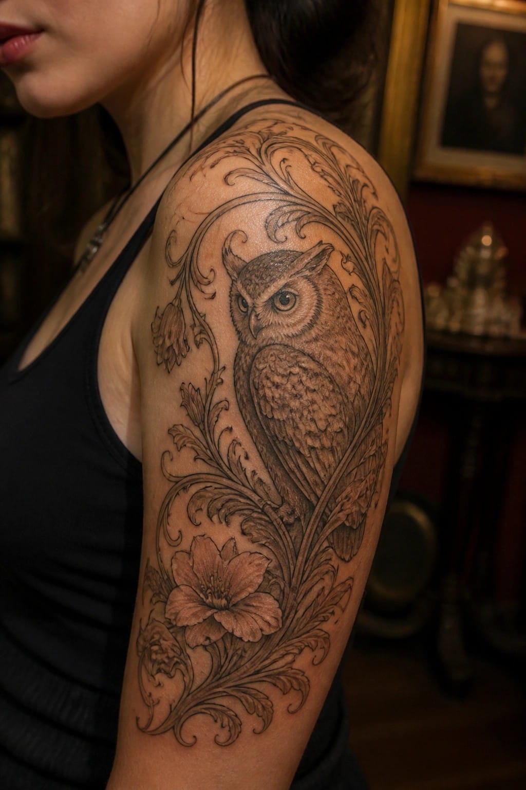 Detailed black-and-gray owl tattoo with floral swirls on woman's upper arm in black tank top