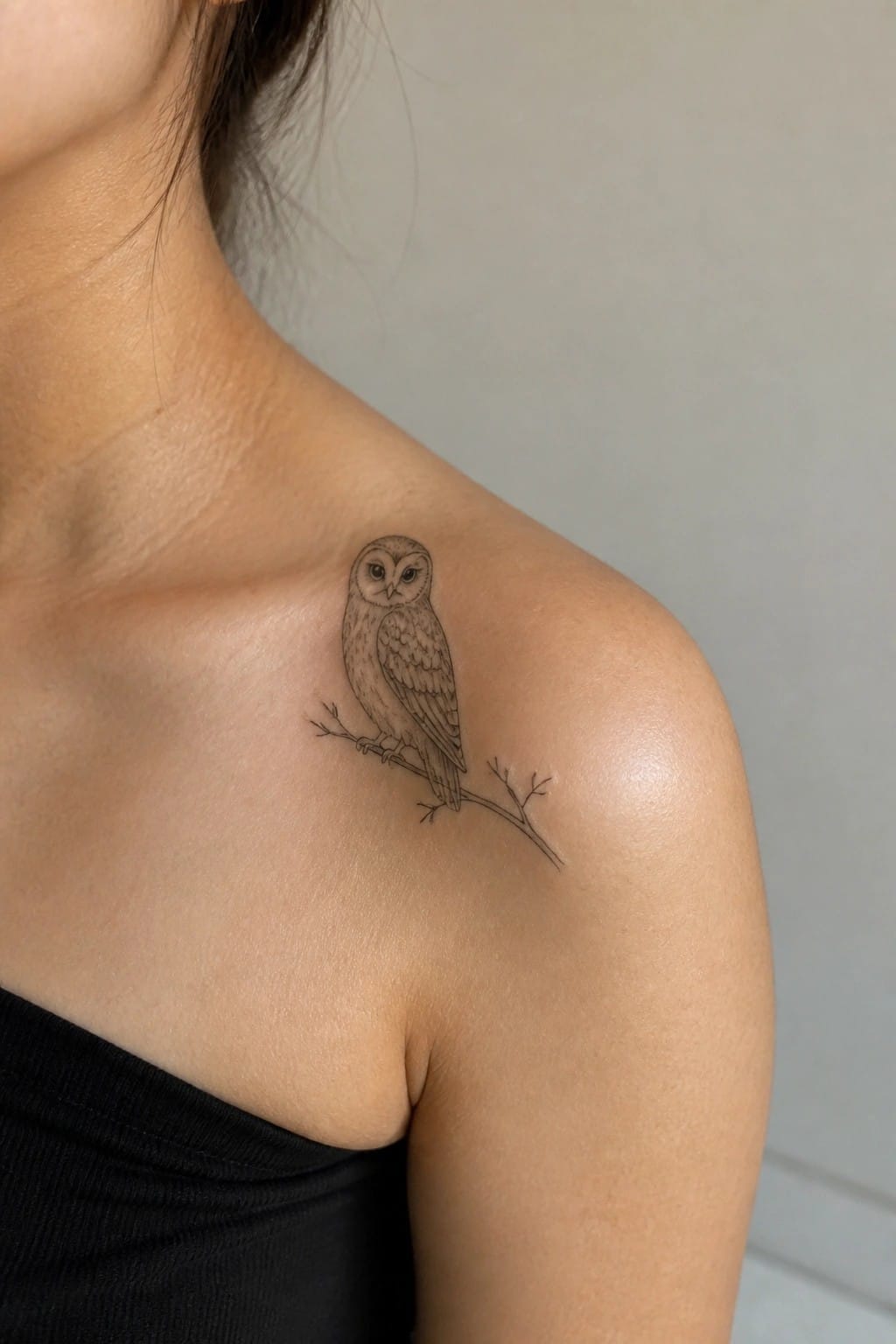 Fine line black and grey tattoo of an owl perched on a branch on a woman's shoulder