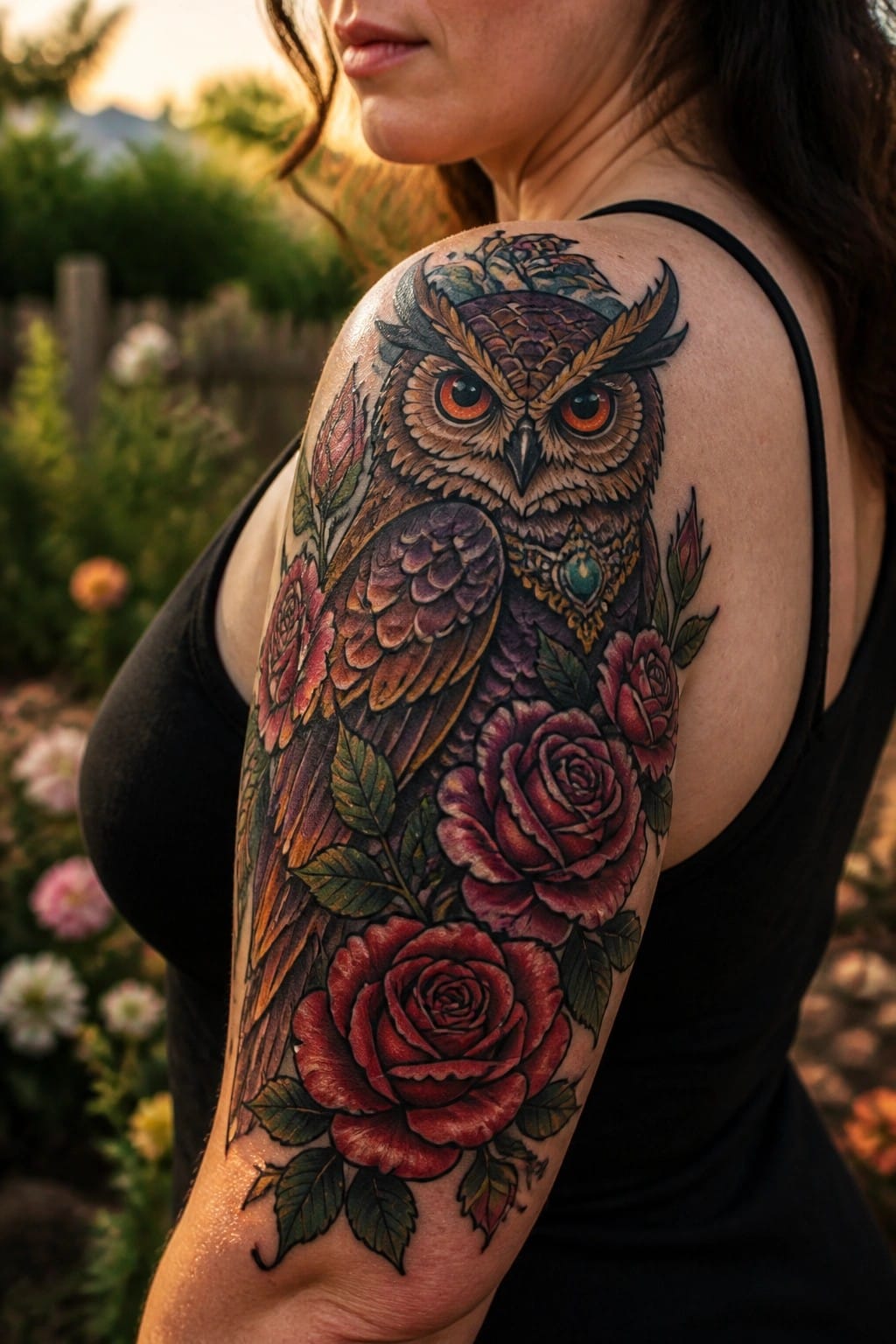 A realistic color tattoo of an owl with orange eyes on a woman's shoulder, surrounded by red roses and green leaves that extend down the upper arm.