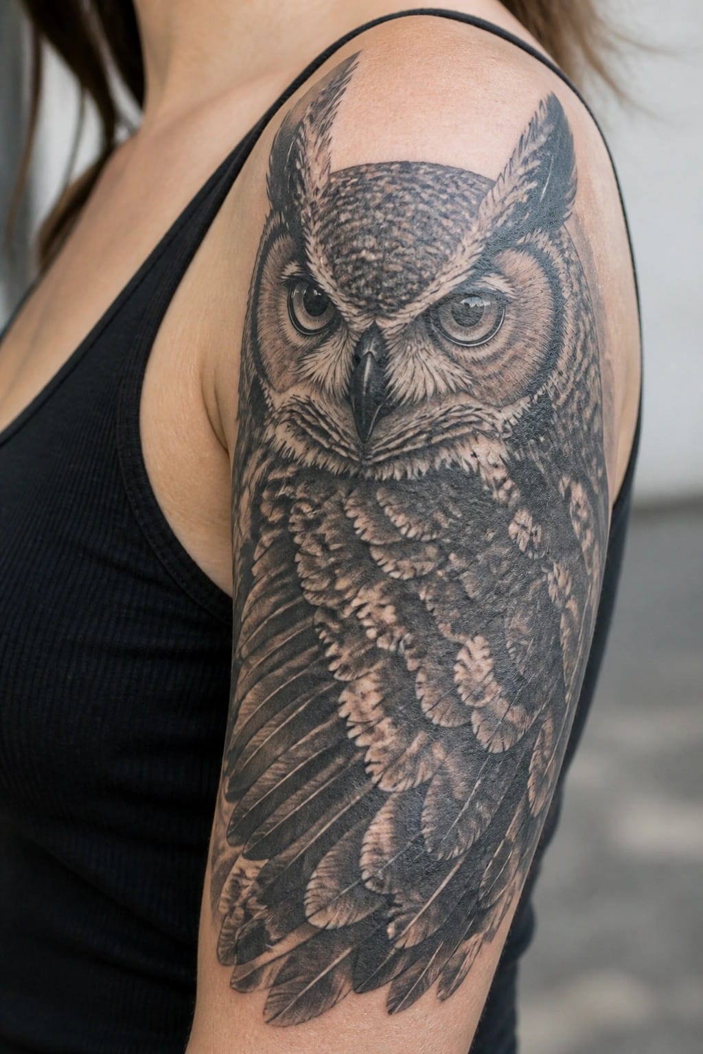 Large realistic black-and-gray owl tattoo on shoulder over black tank top