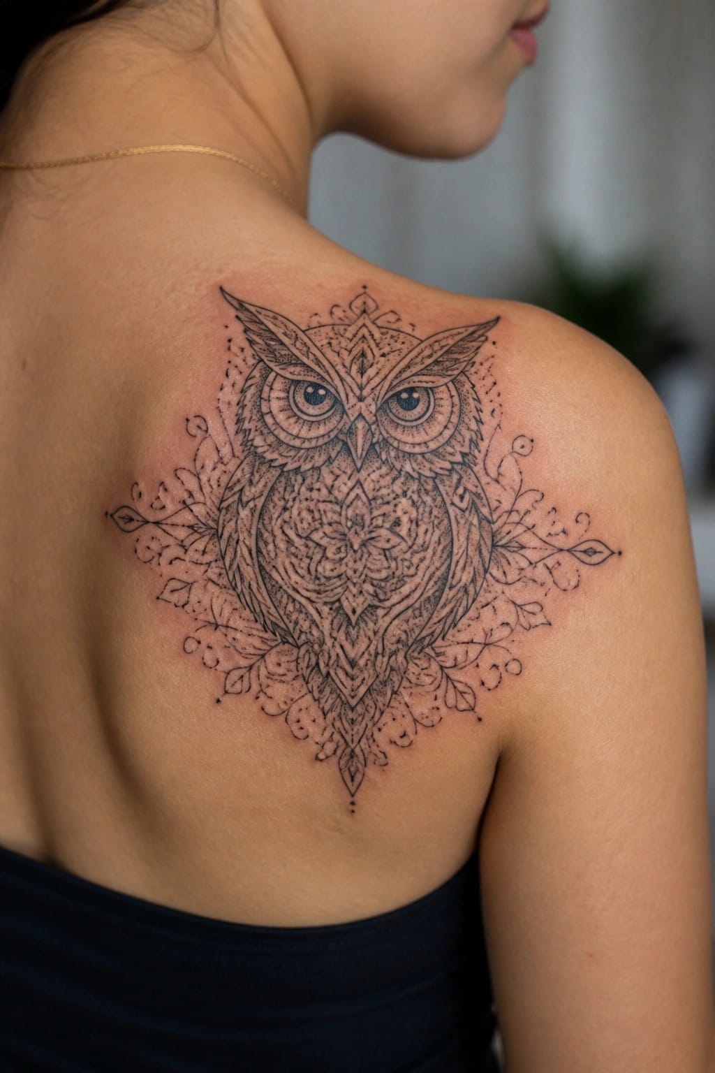 Detailed owl tattoo on a woman's shoulder with mandala patterns and leaf accents in black ink.