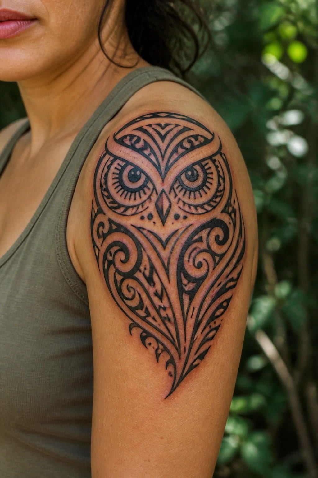 A close-up of a tribal-style owl tattoo on a woman's shoulder, with bold black outlines and shaded details covering the upper arm.